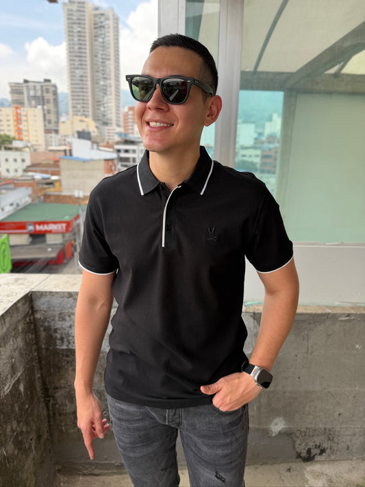 Polo Psycho Bunny Negro Línea Blanca