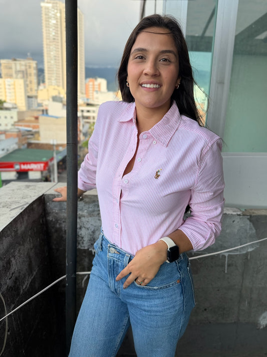 Camisa De Dama Edición Especial Ralph Lauren Líneas Rosadas