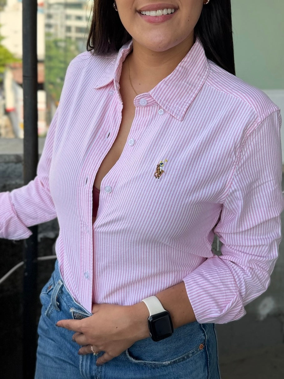 Camisa De Dama Edición Especial Ralph Lauren Líneas Rosadas